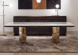 Art Meets Function: The Galitsin Dining Table. This Art Deco-inspired masterpiece features a stunning marble top with a hand-crafted artistic insert, a sleek metal base, and customizable finishes for a truly unique centrepiece.