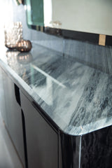 Giorgio Collection Charisma Sideboard in Black Bubinga burl with a Grey Alpi marble top, marble top detail