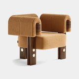 Mezzo Collection Evelyn Armchair, Unico Almond 413 fabric, matte walnut frame, polished brass, available from Touched Interiors UK