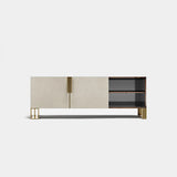 Hollis Sliding Door Luxury Sideboard: ivory genuine leather sliding doors (Cat B) with a matt dark interior and metal legs