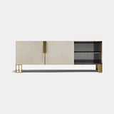 Hollis Sliding Door Luxury Sideboard: ivory genuine leather sliding doors (Cat B) with a matt dark interior and metal legs