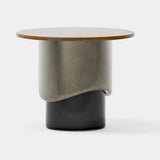Iris Fused Glass Luxury Side Table: gloss black lacquer base with fused glass and a walnut top