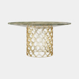 Cosmos Dining Table in green marble on a gold steel lattice base