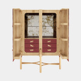 Folk Bar Cabinet, open, with drawers and mirrored interior
