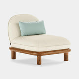 Mezzo Collection Dumas Outdoor Armchair, Alhambra Oceano fabric, painted metal frame, iroko wood, available from Touched Interiors UK