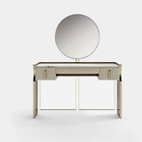 Lennox Leather Drawer Luxury Console Table: ivory genuine leather drawer fronts (Cat B) with a matt taupe frame, shown with the round mirror (available on request)