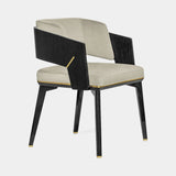 Luxxu Algerone Dining Chair in polished brass, grey frisé eucalyptus veneer, black glossy lacquer and Storm FR 04 Light Gray synthetic leather