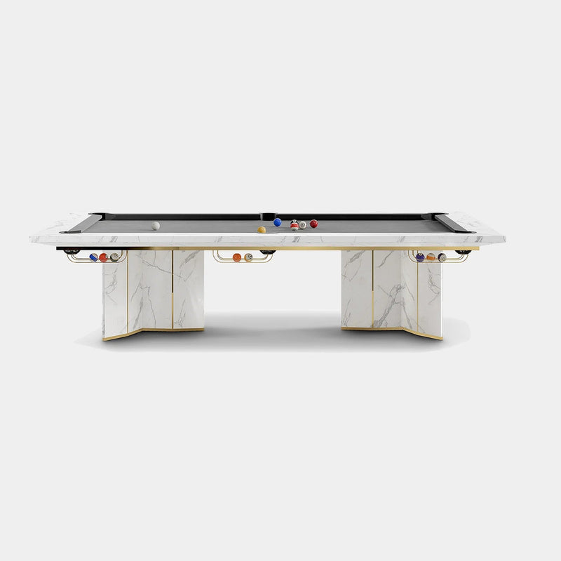 Luxxu Algerone Snooker Table in polished brass, Statuario marble, black matte lacquer, Laguna Black natural leather and Strachan Grey playing cloth