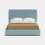 Mezzo Collection Rivers Bed, Lelievre Pigment 28 Iris 559 fabric, matte walnut frame, polished brass, available from Touched Interiors UK