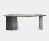 Luxxu Algerone Desk in polished brass, grey frisé eucalyptus veneer, dusty grey matte lacquer, smoked glass and Storm FR 04 Light Gray synthetic leather