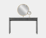 Luxxu Algerone Dressing Table in polished brass, Statuario marble, grey frisé eucalyptus veneer, black matte lacquer and clear mirror