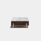 Margon Metal Inlay Luxury Coffee Table: calacatta Classico marble top with a matt dark wood base and metal inlay