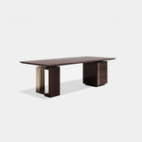 Mayfield Luxury Desk with Drawer Pedestal: matt dark wood veneer with a drawer pedestal and ivory leather end panel