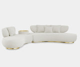 Luxxu Talie Round Sofa in polished brass, beige frisé eucalyptus veneer and Monet Pearl fabric