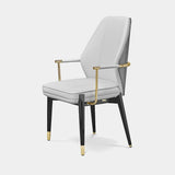 Luxxu Algerone II Dining Chair in polished brass, grey frisé eucalyptus veneer, black glossy lacquer and Storm FR 04 Light Gray synthetic leather