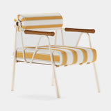 Mezzo Collection Bela Outdoor Armchair, Nobilis Beach Club fabric, painted metal frame, iroko wood, gold plated brass, available from Touched Interiors UK