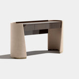 Oldroyd Writing Desk: Luxury Designer Desk with Leather and Marble: diamond-quilted taupe leather sides (Cat B Quilted) with gloss dark wood top and drawer