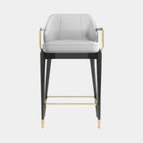 Luxxu Algerone II Bar Chair in polished brass, grey frisé eucalyptus veneer, black glossy lacquer and Storm FR 04 Light Gray synthetic leather