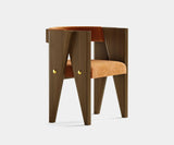 Presidio Mid-Century Dining Chair: Modern Luxury Meets Timeless Design. This robust walnut wood dining chair features a captivating design inspired by the mid-century era, accented with gleaming brass detailing. Plush upholstery (available in various finishes) ensures unparalleled comfort for your dining space.