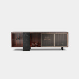 Ravello Marble Base Luxury Sideboard: matt walnut veneer with fluted glass doors and a Nero Marquinia marble base