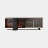 Ravello Marble Base Luxury Sideboard: matt walnut veneer with fluted glass doors and a Nero Marquinia marble base