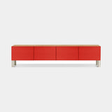 Reticolo Lacquered Luxury TV Cabinet shown in red lacquer with satin platinum