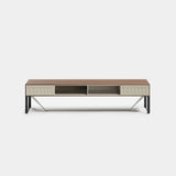Rocco Carved Front Luxury TV Unit: matt walnut veneer with a carved front and metal legs