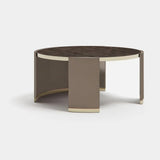 Sasha Round Luxury Coffee Table: taupe genuine leather base (Cat B) with a matt dark wood top and metal rim