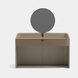 Savoy Leather Shell Luxury Console Table: taupe leather shell with a matching top, shown with the round mirror