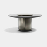 Seraphine Round Metal Base Luxury Dining Table: gloss dark wood top on a metal base