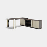 Spearing Executive Luxury Desk with Side Cabinet: matt dark wood veneer with an ivory fluted base and side cabinet