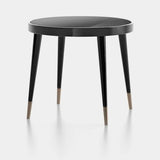 Whitby Round Noir Glass Luxury Coffee Table: black gloss top with black legs and metal tips, 70cm