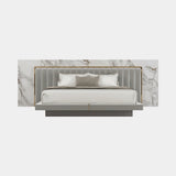 Luxxu Algerone Bed in polished brass, Statuario marble and Storm FR 04 Light Gray synthetic leather