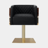Luxxu Galea Swivel Dining Chair in polished brass, walnut root veneer, black glossy lacquer, Black velvet and Laguna Black natural leather