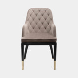 Luxxu Charla Dining Chair in polished brass, black glossy lacquer, Taupe Grey velvet and Laguna Black natural leather