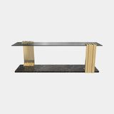 Luxxu Vertigo Long Side Table in gold plated brass, Emperador marble and smoked glass