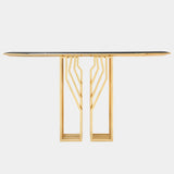 Modern Luxury Console Table: The Scarp Console: This modern console table features a rebellious design with polished brass legs and a Nero Marquina marble top, perfect for a statement piece in any luxury interior.
