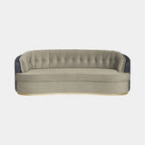 Luxxu Otto Sofa in polished brass, Plaza Taupe velvet and Chronus Dark Grey synthetic leather
