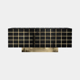 Luxxu Nubian Sideboard in polished brass, walnut root veneer, black glossy lacquer and black glass