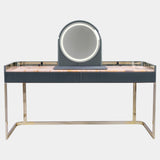 Visionnaire Kobol Makeup Vanity: Modern luxury makeup vanity featuring a stunning Crystal Juliet marble top, round LED mirror with adjustable lighting, concealed storage compartments, and sleek chrome metal base.
