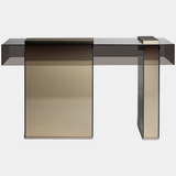 Visionnaire's Marty Console: Award-winning modern sculpture blends bronze mirror and smoked crystal for a luxurious statement piece.