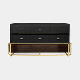 Luxxu Waltz Chest of Drawers in polished brass, walnut root veneer, black glossy lacquer, smoked glass and Laguna Black natural leather