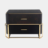 Luxxu Waltz Bedside Table in polished brass, walnut root veneer, black glossy lacquer, smoked glass and Laguna Black natural leather