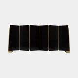 Luxxu Tenor Sideboard in polished brass, walnut root veneer, black glossy lacquer, smoked glass and Chronus Dark Black synthetic leather