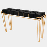 Polished Brass, Black Glass, Black Lacquer & Walnut Root Veneer Console Table