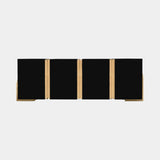 Luxxu Darian Sideboard in polished brass, walnut root veneer, black glossy lacquer, black glass and Chronus Dark Black synthetic leather