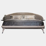 Visionnaire Princess Bed Frame: Modern luxury bed frame featuring a curved headboard, customisable leather or fabric upholstery, and metal-capped legs.