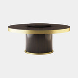 Luxury round dining table in gloss dark walnut with brass edged top, lazy susan and drum base