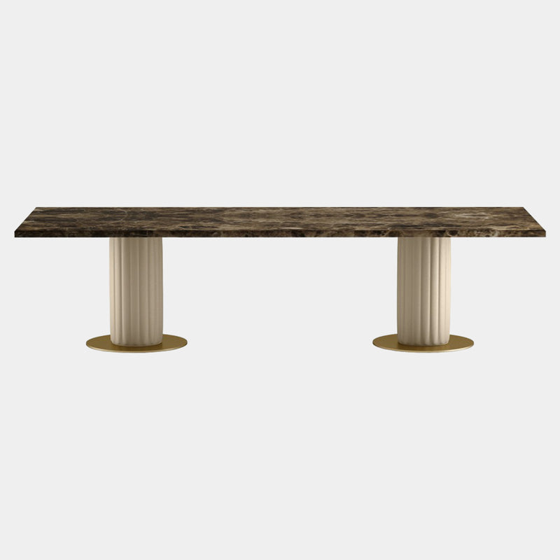 Touched D Pillar Leather & Emperador Marble Rectangular Dining Table