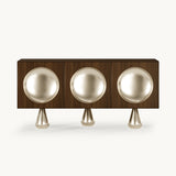 Mezzo Collection Aarons Sideboard, matte walnut wood, gold plated brass legs, available from Touched Interiors UK
